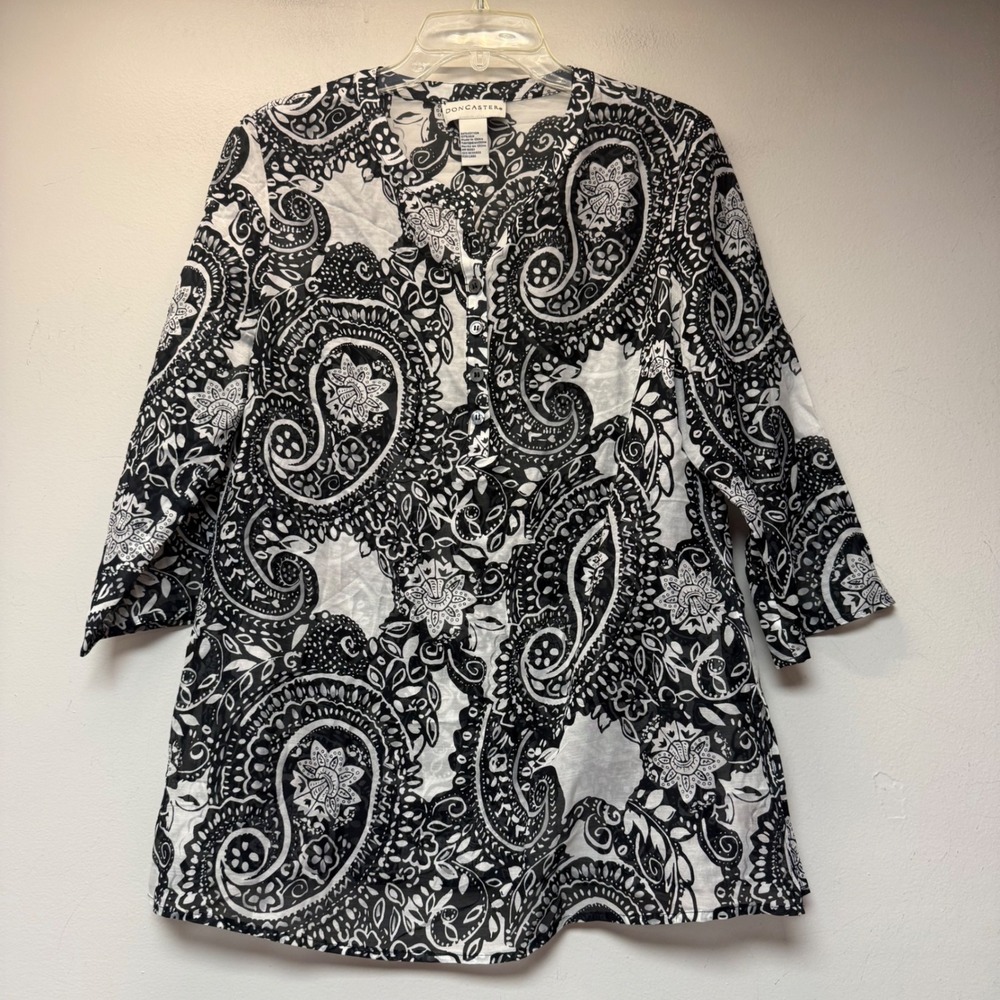 Doncaster Tunic Blouse Womens Large Black White Silk Blend Paisley Boho Excel